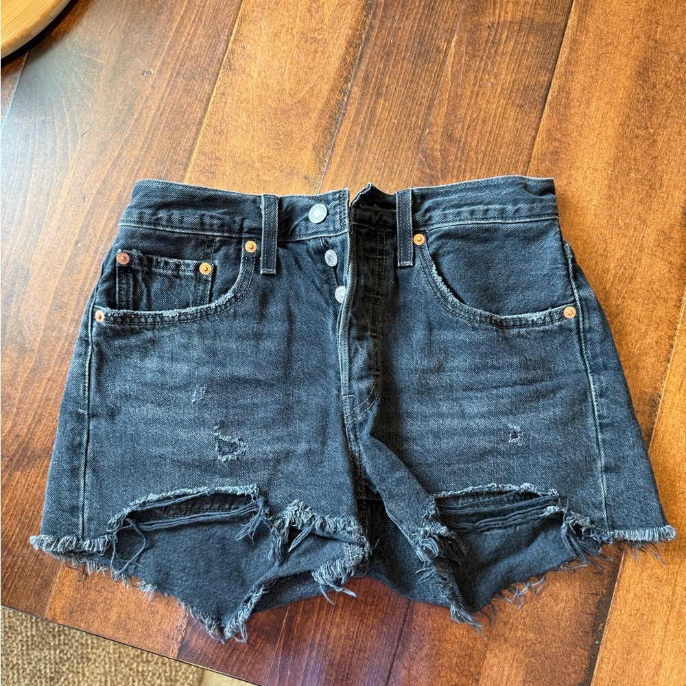 Distressed Black Denim Shorts